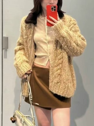 Miu Miu Beige Wool Cardigan Jacket with Mink Collar view 2