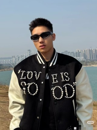 Black & Cream Varsity Bomber Jacket with Rhinestone Lettering view 2