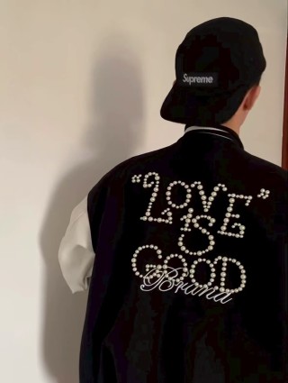 Black & Cream Varsity Bomber Jacket with Rhinestone Lettering view 3