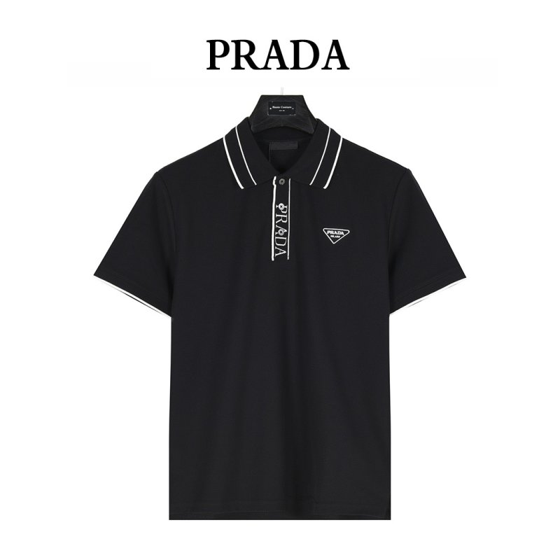 Prada Black Polo Shirt with Striped Collar view
