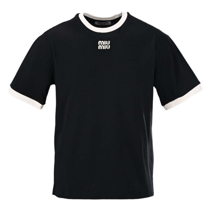 Miu Miu Contrast Collar Logo Embroidered T-Shirt Black