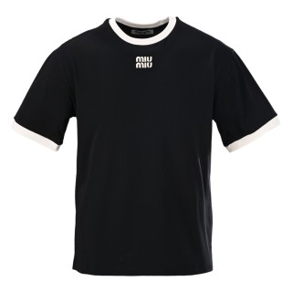 Miu Miu Contrast Collar Logo Embroidered T-Shirt Black