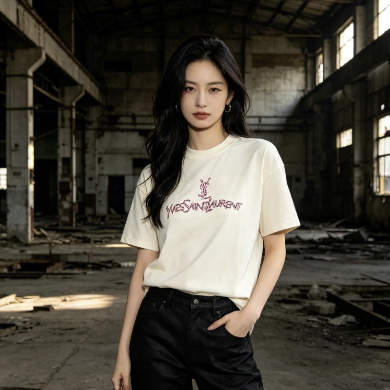 YSL Cream Logo Short Sleeve T-Shirt
