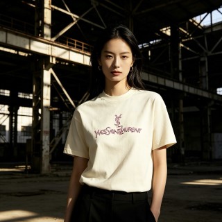 YSL Cream Logo Short Sleeve T-Shirt view 5