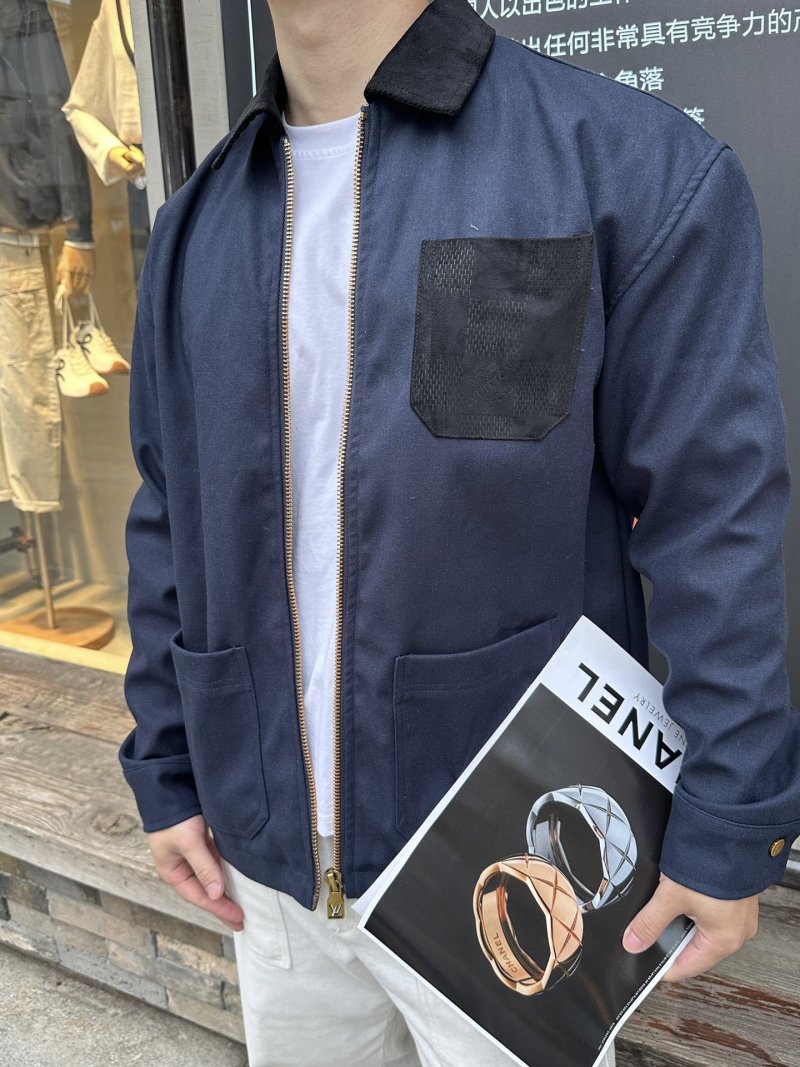 Navy Blue Denim Jacket with Black Pocket Detail