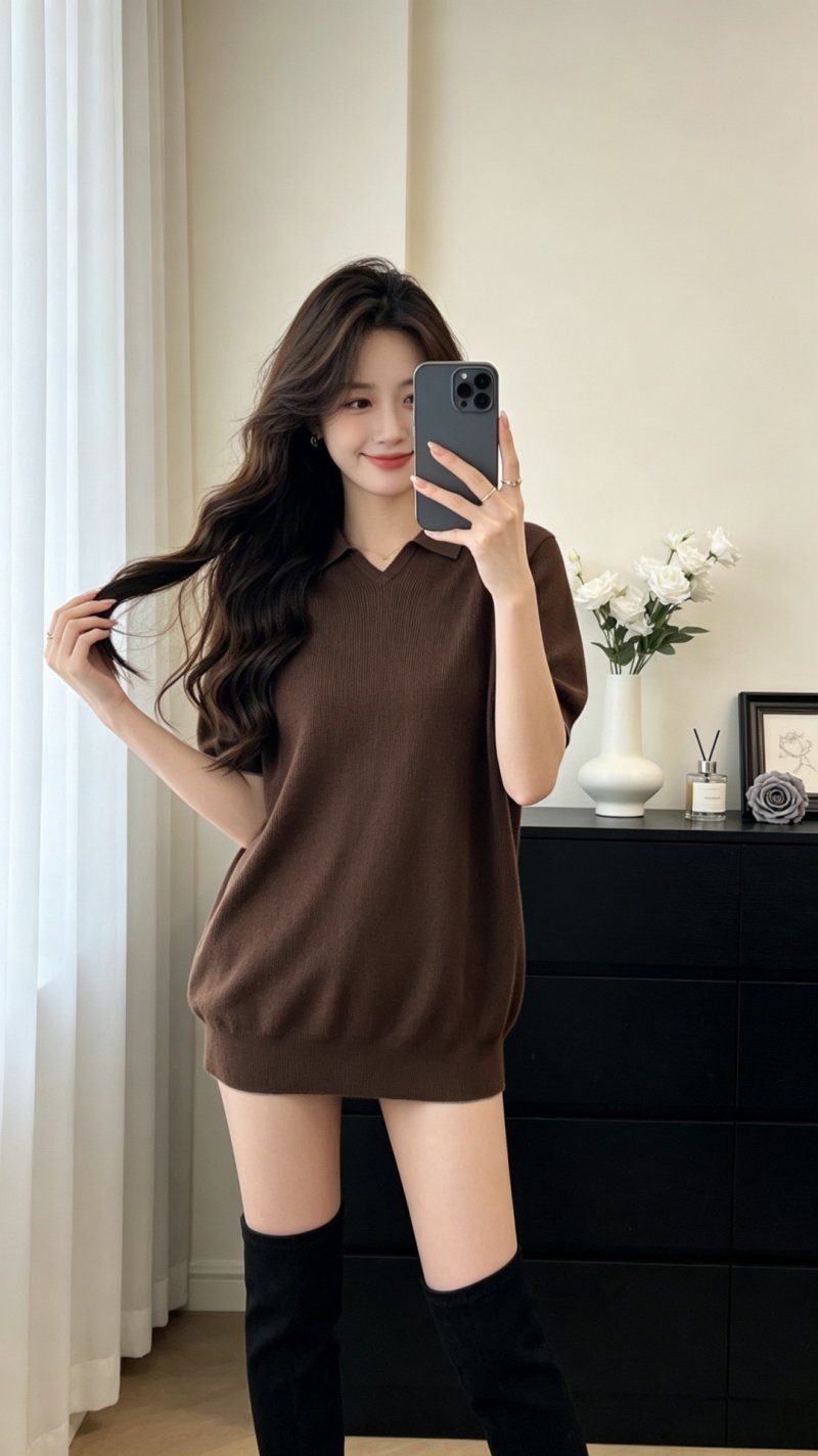 Brown Ribbed Short Sleeve T-Shirt Dress view