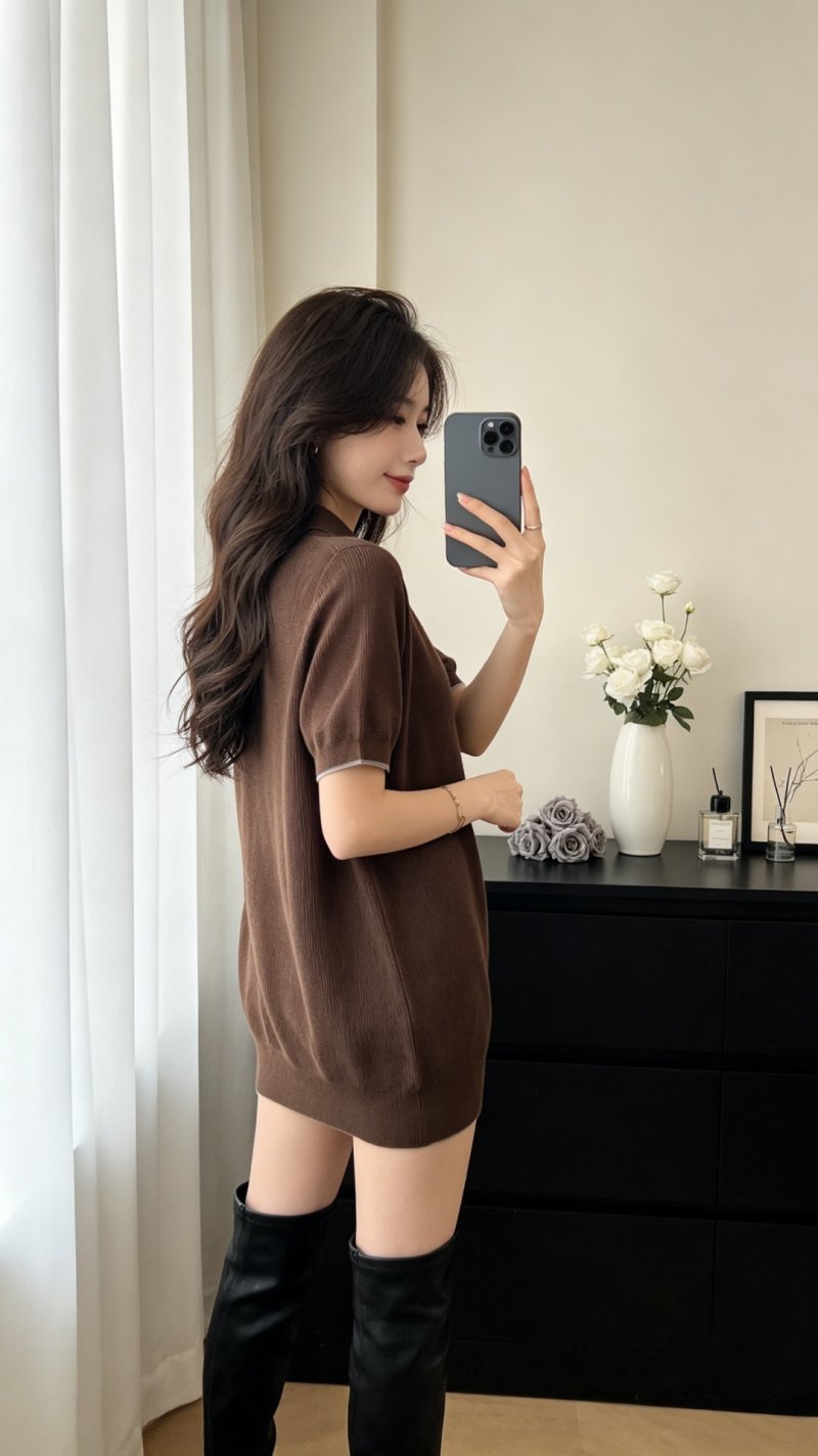 Brown Ribbed Short Sleeve T-Shirt Dress view