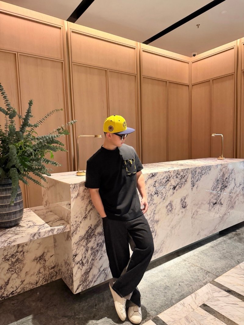 Black Short Sleeve T-Shirt with Yellow Embroidered Pocket Detail view