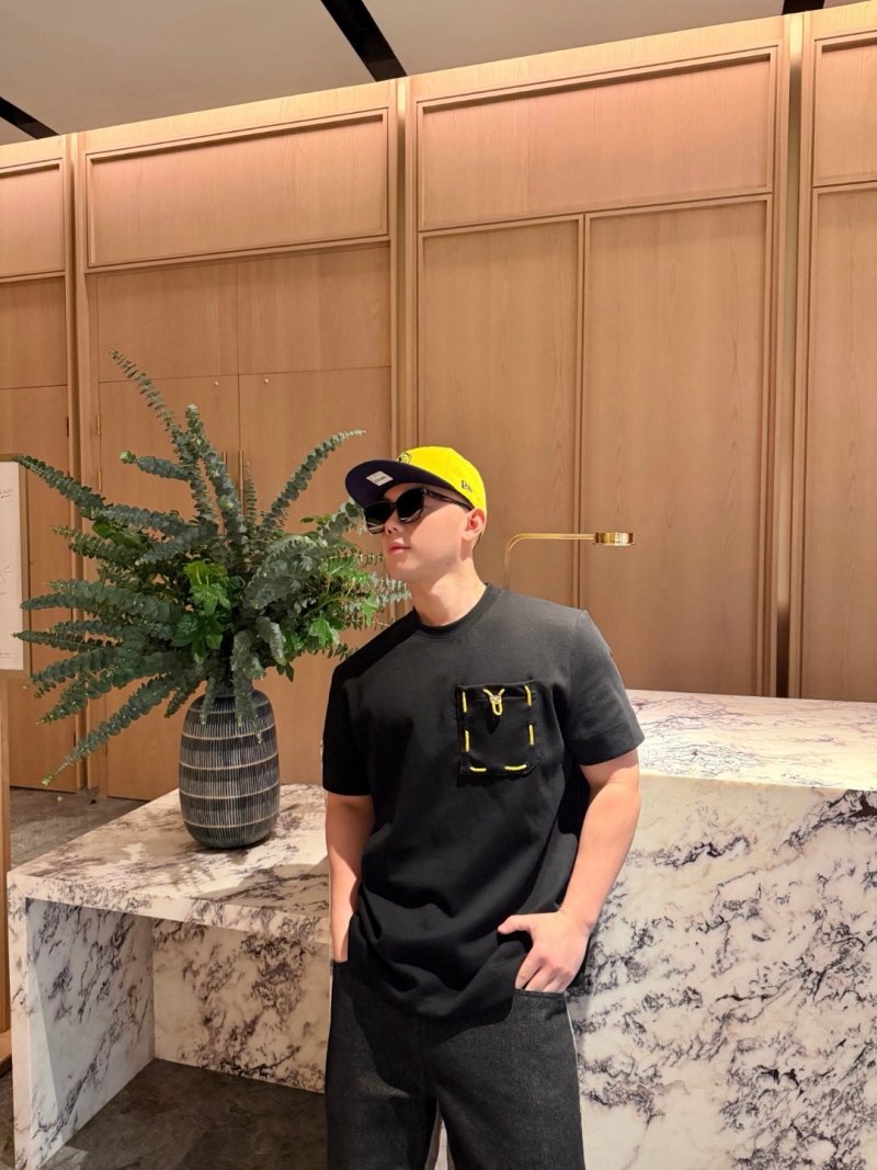 Black Short Sleeve T-Shirt with Yellow Embroidered Pocket Detail view