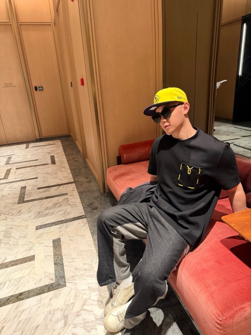 Black Short Sleeve T-Shirt with Yellow Embroidered Pocket Detail view