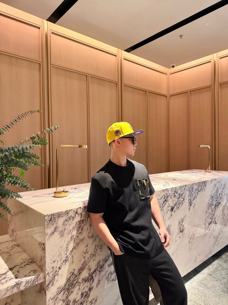 Black Short Sleeve T-Shirt with Yellow Embroidered Pocket Detail view