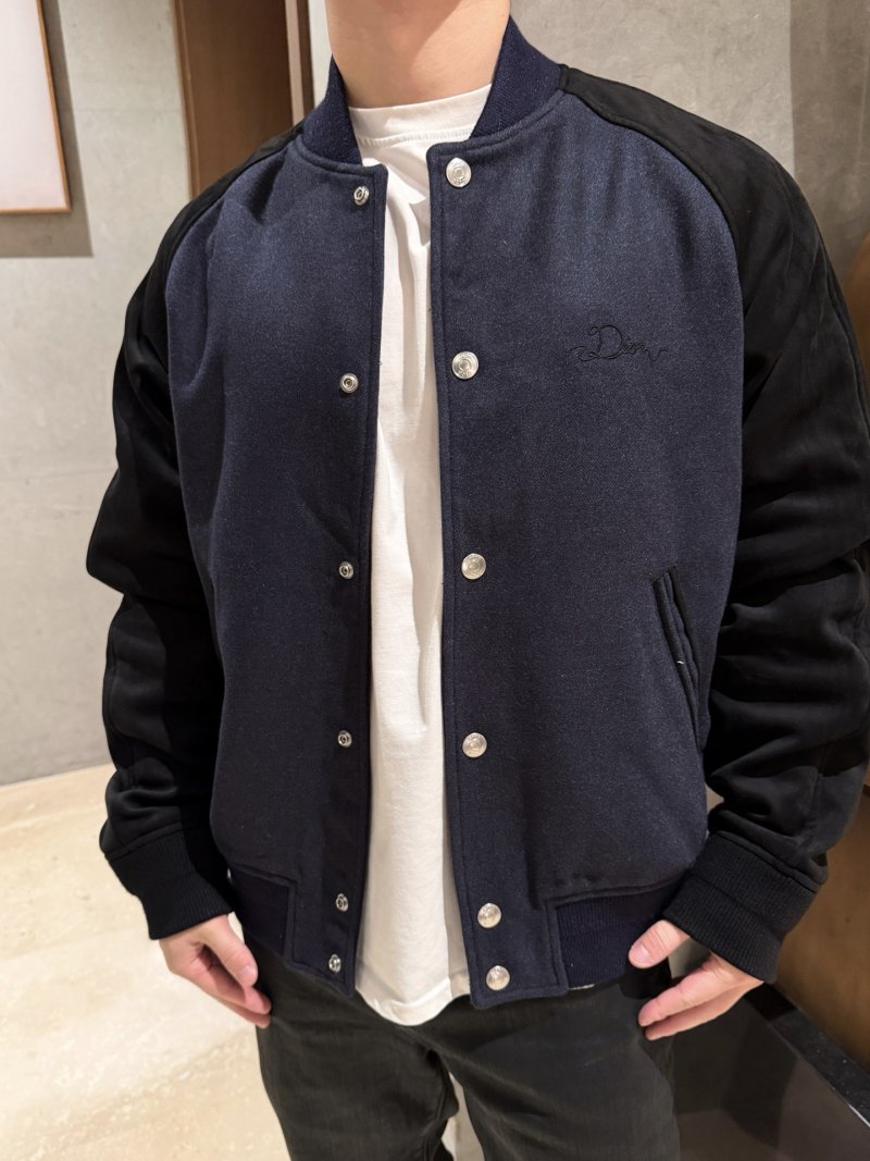 Navy & Black Wool Blend Varsity Bomber Jacket view