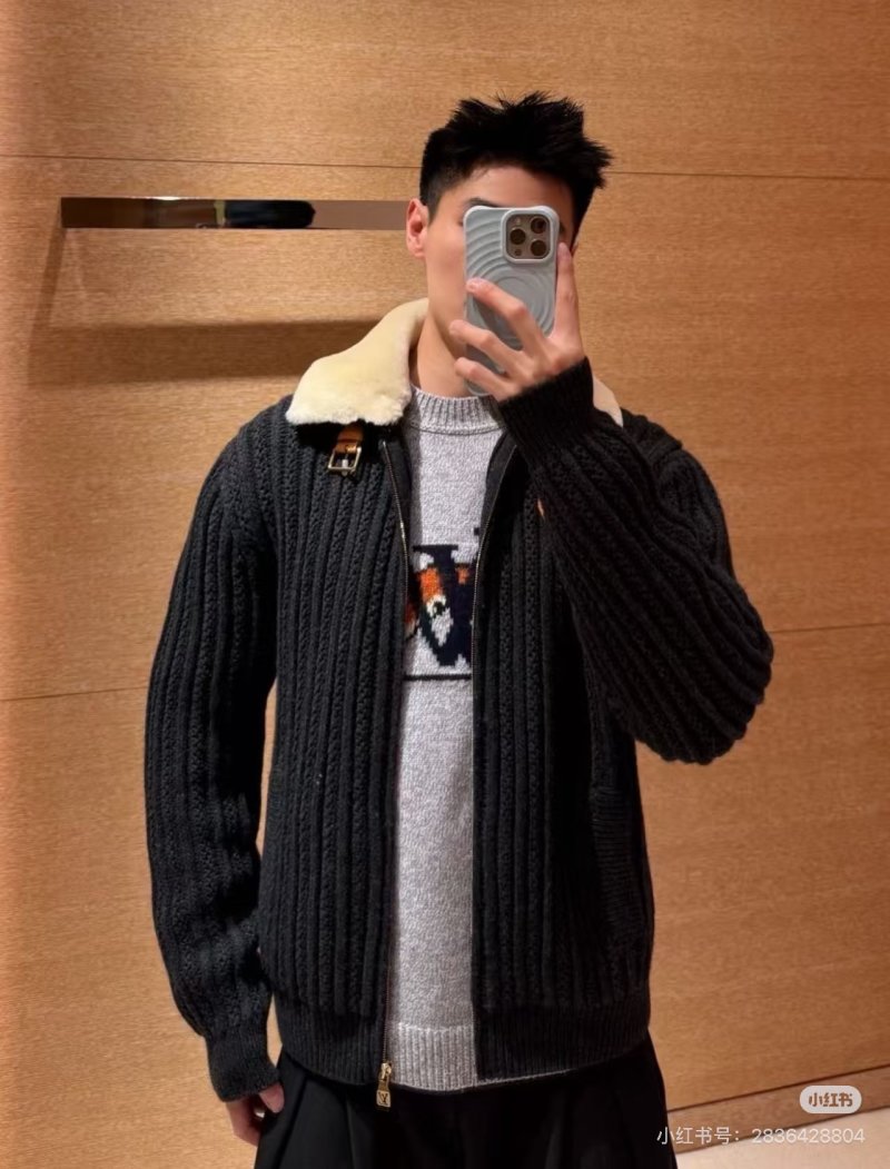 Black Ribbed Knit Jacket with Sherpa Collar