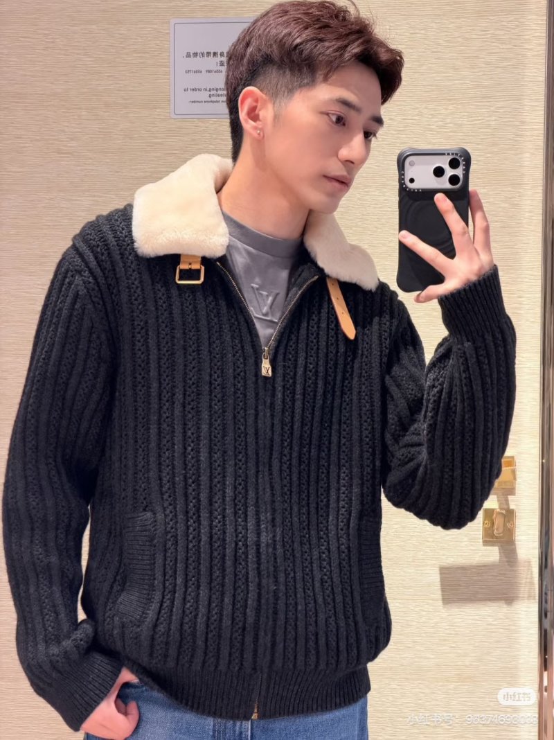 Black Ribbed Knit Jacket with Sherpa Collar view