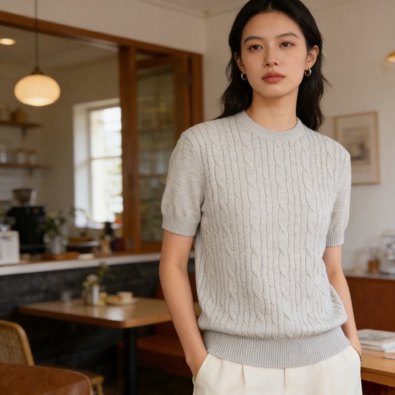 Cream Cable Knit Short Sleeve Sweater