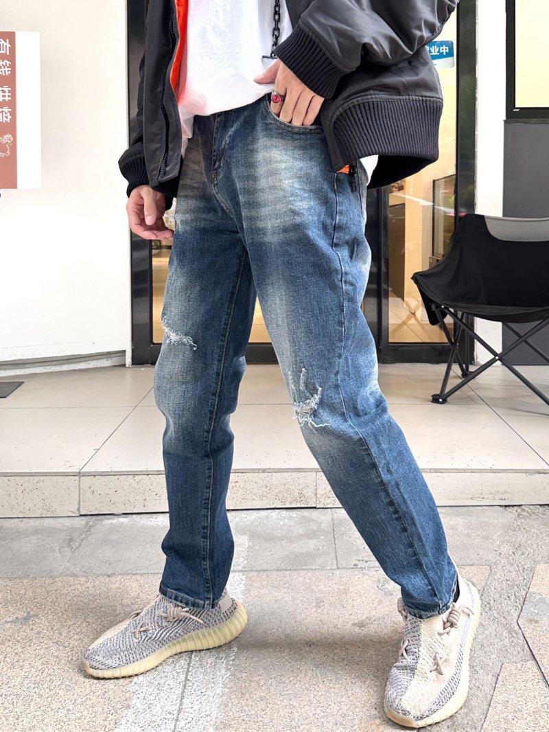 Distressed Blue Denim Jeans - Ripped Knee Fit view