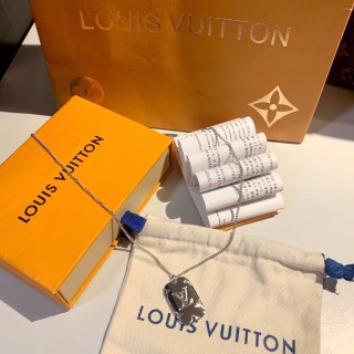 Louis Vuitton LV Monogram Pendant Silver Chain Necklace