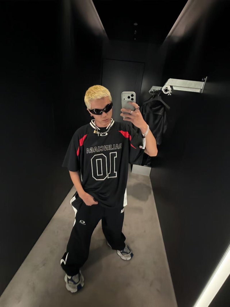 Balenciaga Black Logo T-Shirt with Red Stripe Detail