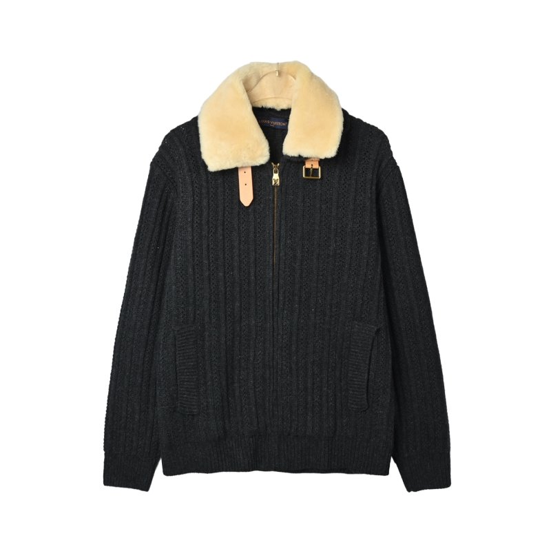 Black Ribbed Knit Jacket with Sherpa Collar view