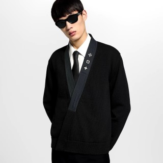 Louis Vuitton Black Wool Knit Sweater with Monogram Trim