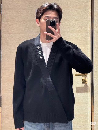 Louis Vuitton Black Wool Knit Sweater with Monogram Trim view 3