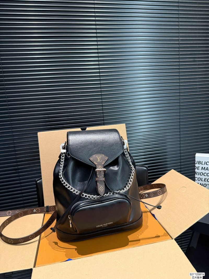 Louis Vuitton Black Leather Backpack with Chain Detail