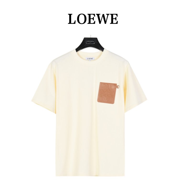Cream Crewneck T-Shirt with Textured Leather Pocket view