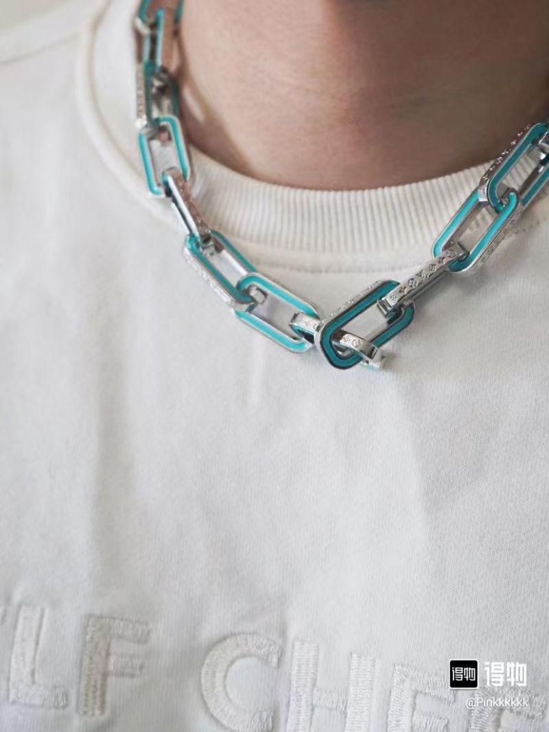 Louis Vuitton LV Monogram Bamboo Blue Enamel Link Necklace
