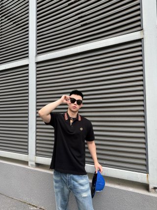 Moncler Black Polo Shirt with Red Collar Trim view 2