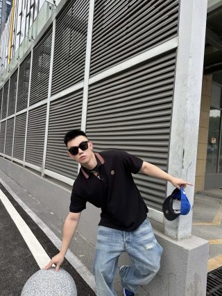 Moncler Black Polo Shirt with Red Collar Trim view 5