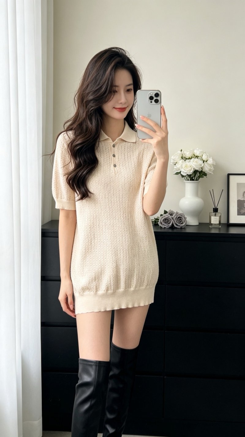 Cream Ribbed Knit Polo Shirt Dress