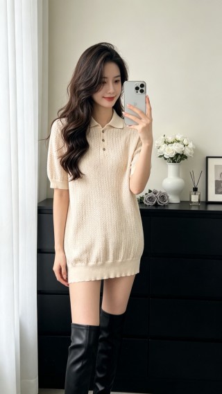 Cream Ribbed Knit Polo Shirt Dress