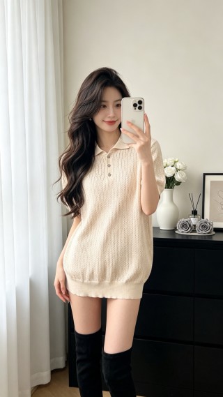 Cream Ribbed Knit Polo Shirt Dress view 2