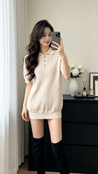 Cream Ribbed Knit Polo Shirt Dress view 4