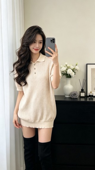 Cream Ribbed Knit Polo Shirt Dress view 5