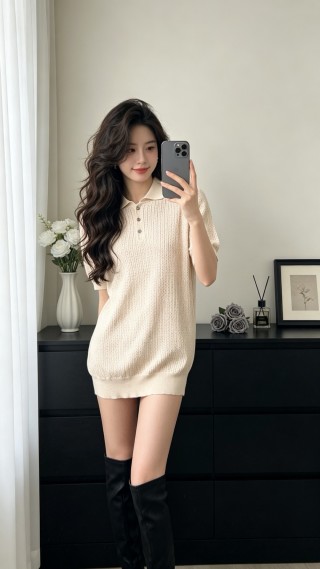 Cream Ribbed Knit Polo Shirt Dress view 6