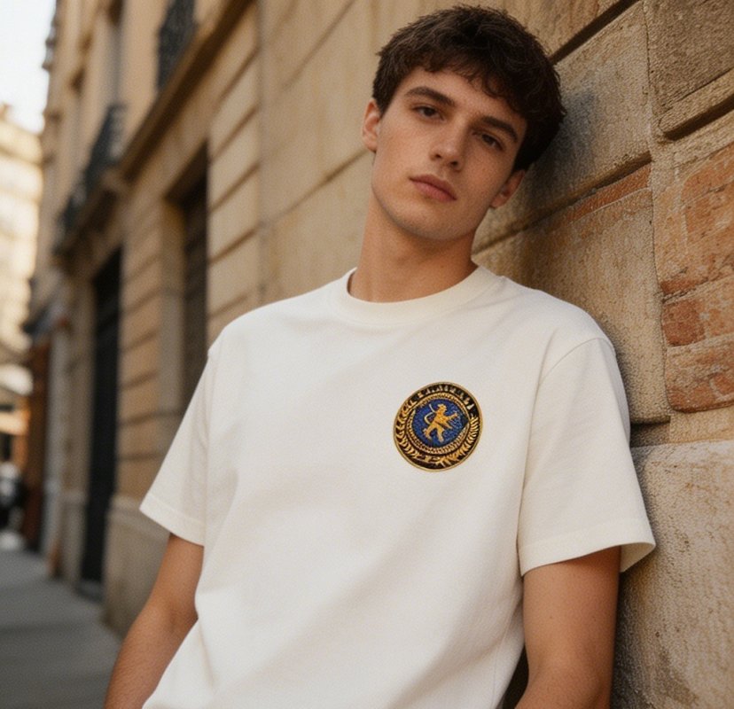 White Crew Neck T-Shirt with Gold Crest Logo view