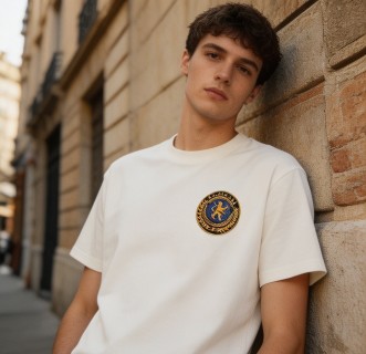 White Crew Neck T-Shirt with Gold Crest Logo view 2