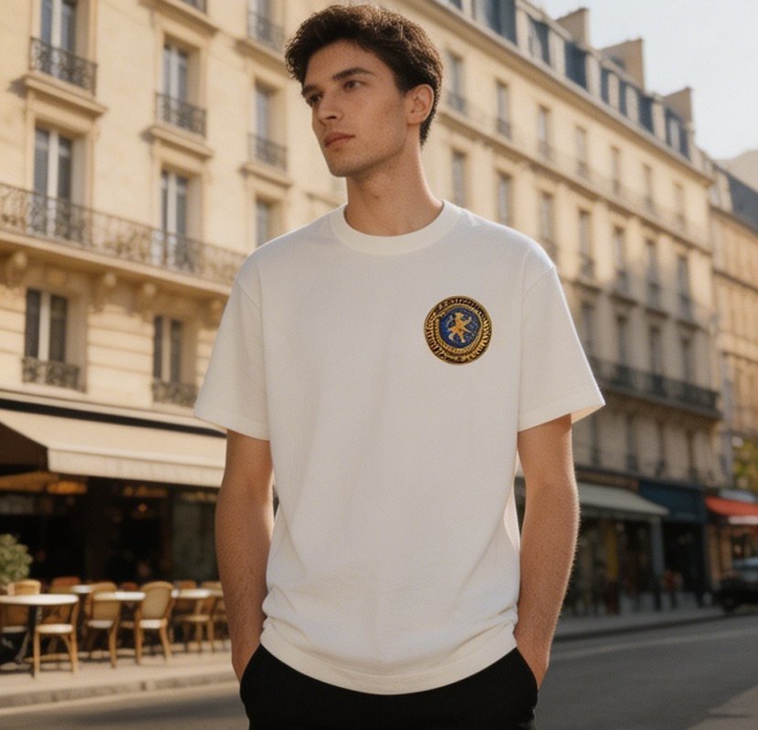 White Crew Neck T-Shirt with Gold Crest Logo view
