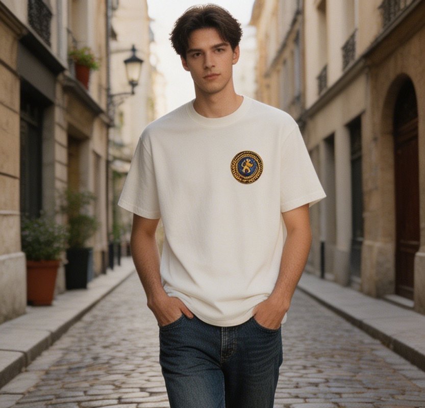 White Crew Neck T-Shirt with Gold Crest Logo view