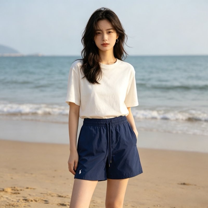 Navy Blue Nylon Drawstring Shorts