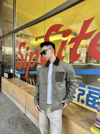 Khaki Cotton Work Jacket with Contrast Pocket Detail