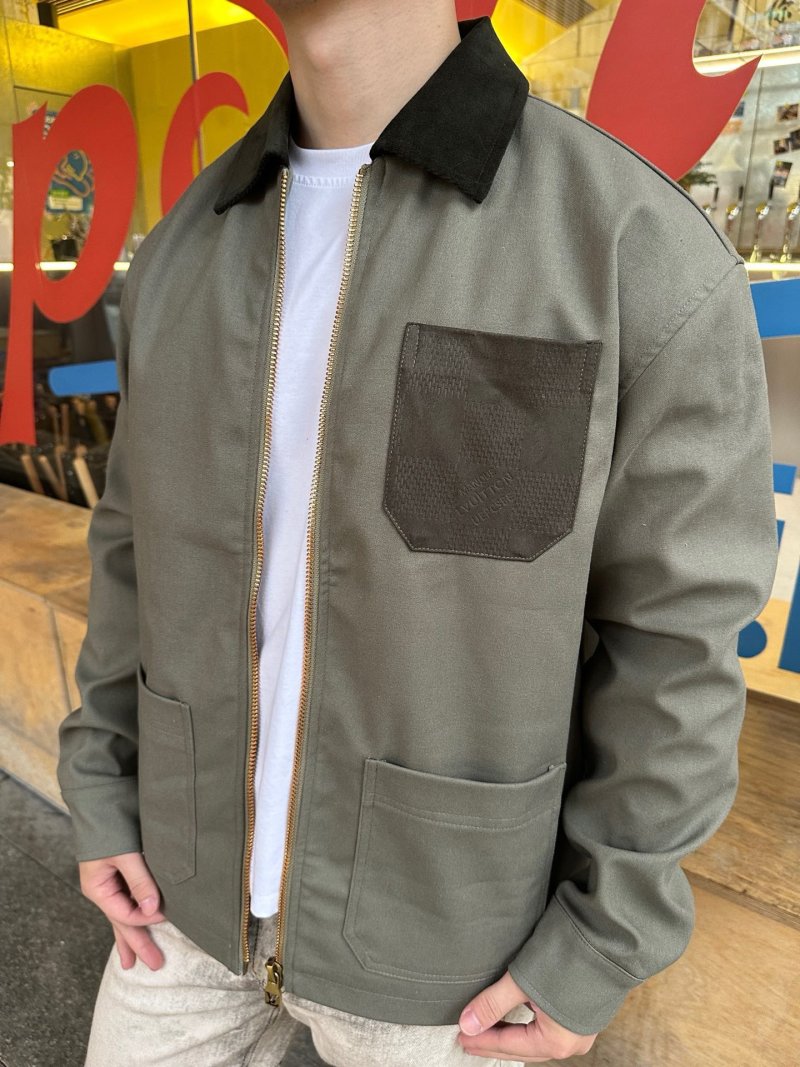 Khaki Cotton Work Jacket with Contrast Pocket Detail