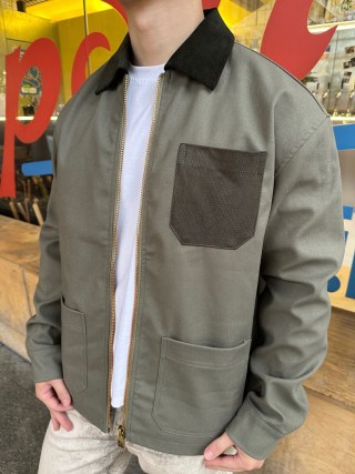 Khaki Cotton Work Jacket with Contrast Pocket Detail view 3