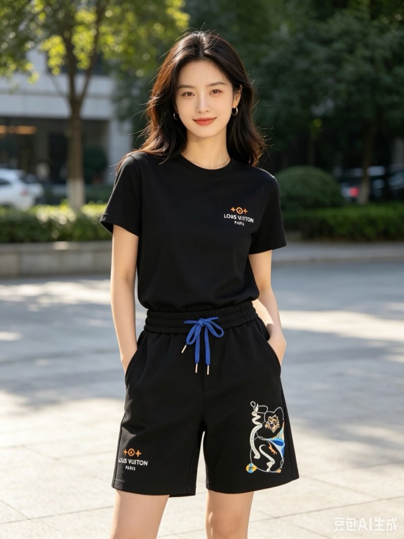 Louis Vuitton Black Graphic Shorts with Blue Drawstring