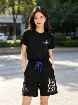 Louis Vuitton Black Graphic Shorts with Blue Drawstring