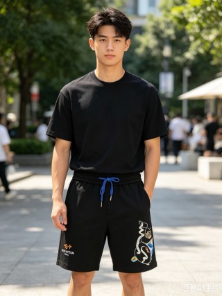 Louis Vuitton Black Graphic Shorts with Blue Drawstring view 5