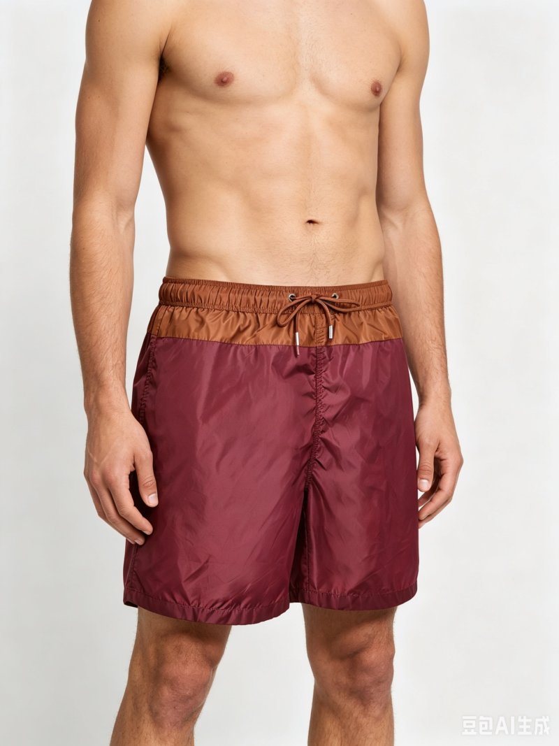 Burgundy & Tan Colorblock Swim Shorts