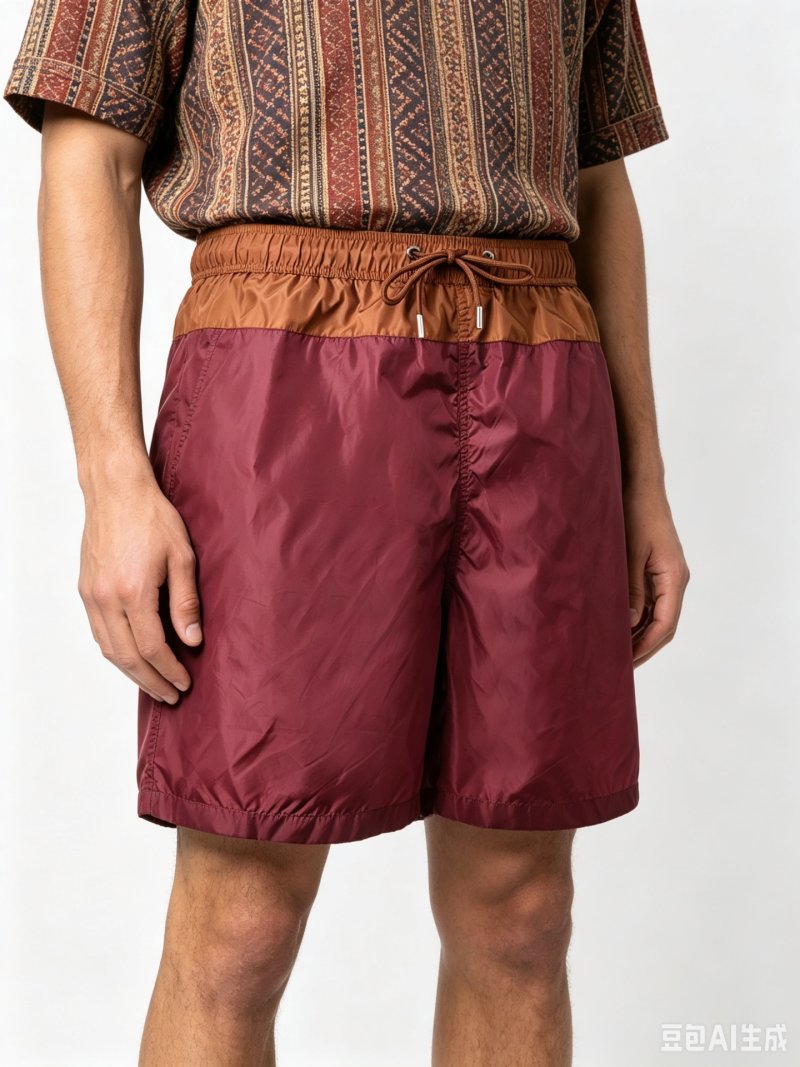 Burgundy & Tan Colorblock Swim Shorts view