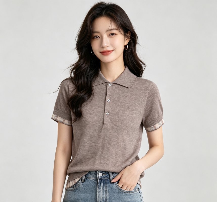Women's Taupe Short Sleeve Polo Shirt with Plaid Trim